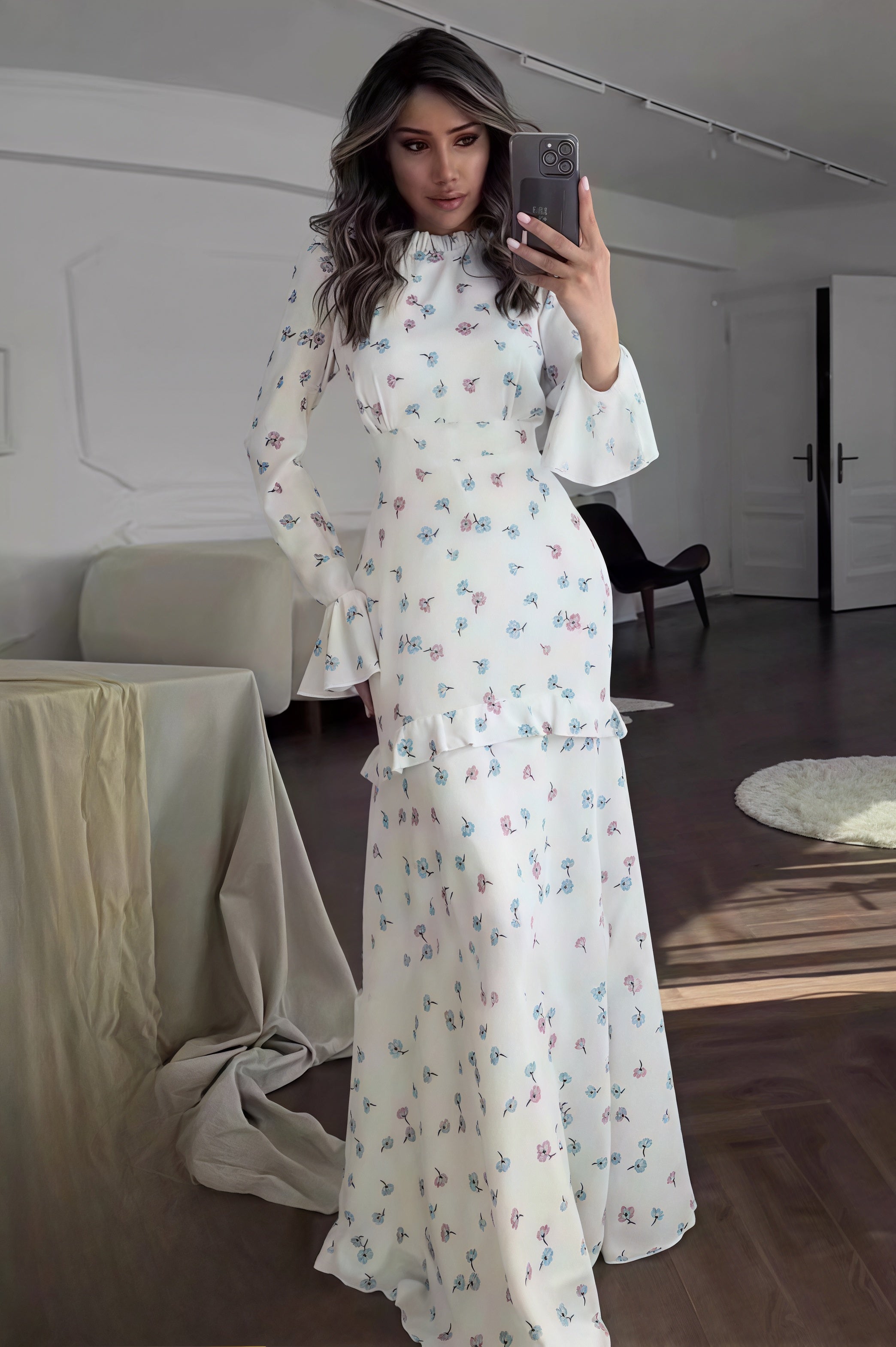 White Mock Neck Long Sleeve Bell Cuff Tiered Ruffle Ditsy Floral Maxi Dress 4