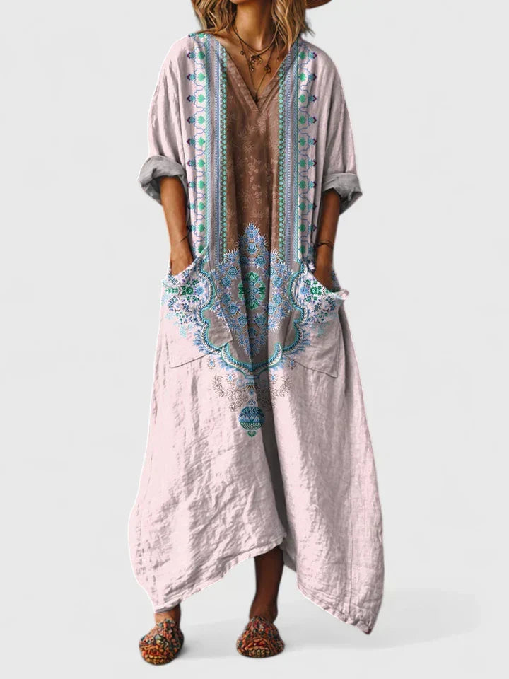V-Neck Floral Embroidered Linen Pocket Loose Maxi Dress 5