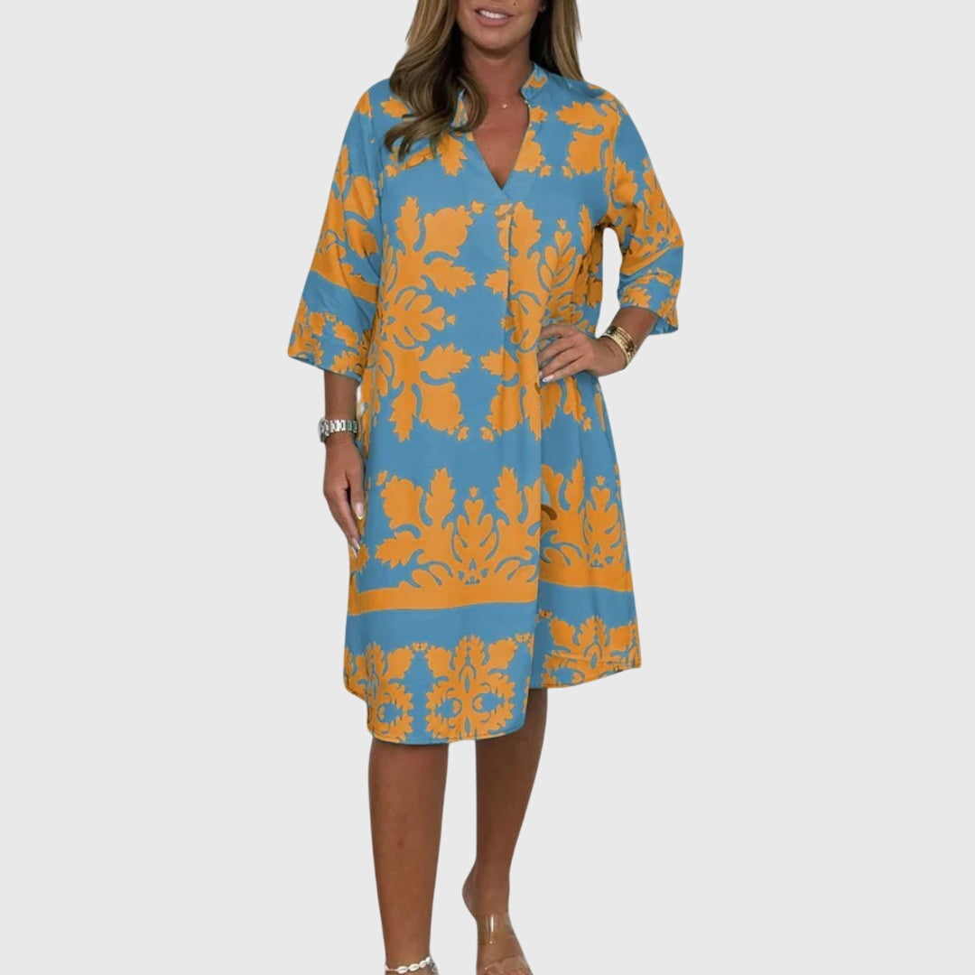 Split Neck Three-Quarter Sleeve Damask Print Shift Midi Dress 2