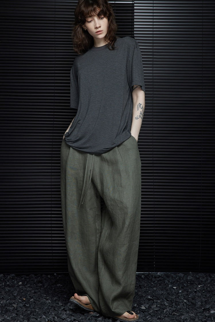 Green Linen High Waist Draped Wide Leg Pants