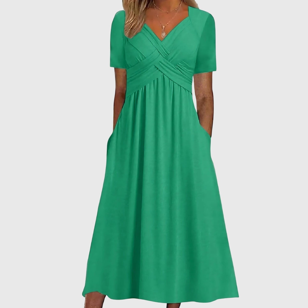V-Neck Cross Front Short Sleeve Empire Waist Pocket Flowy Midi Dress