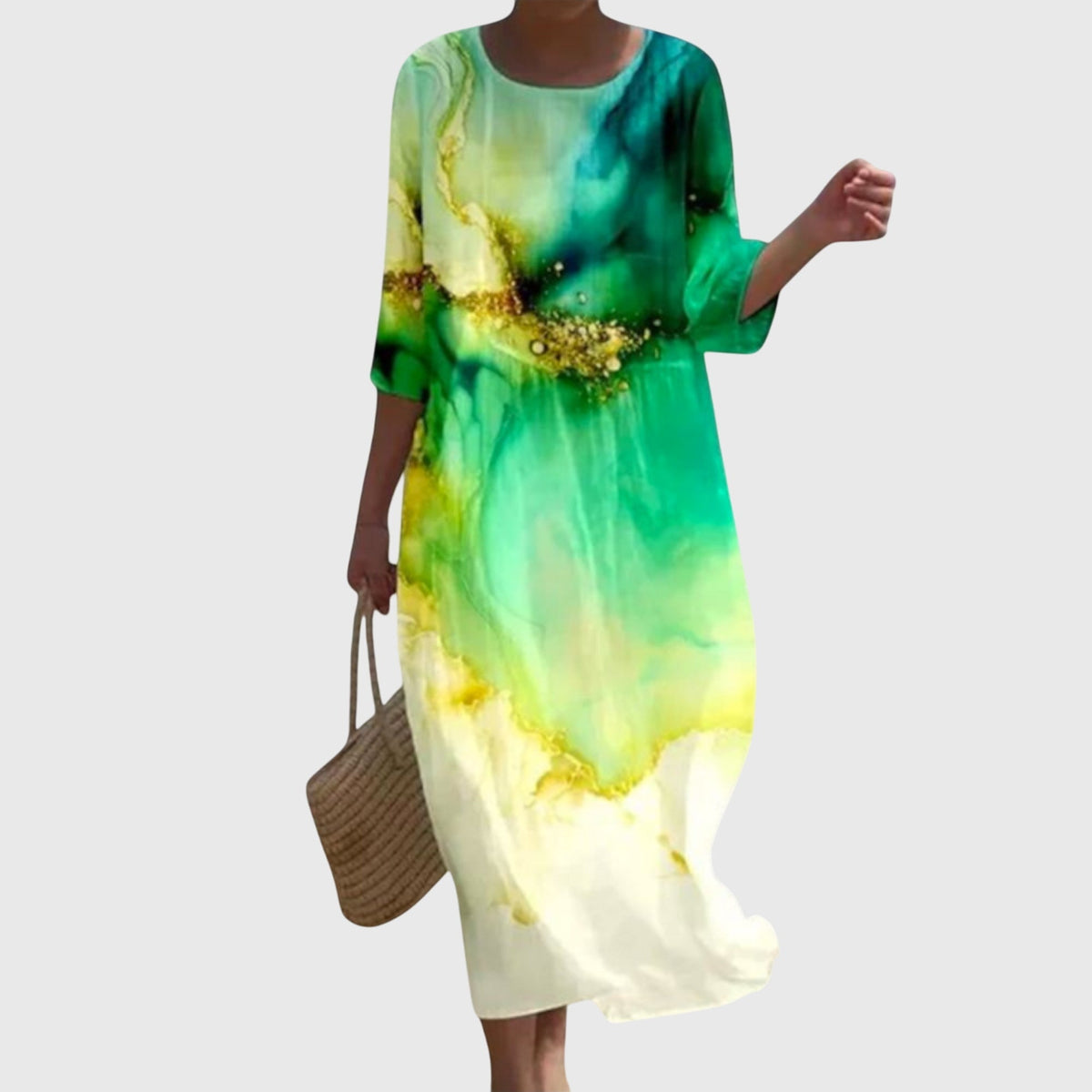 Round Neck Three-Quarter Sleeve Floral Rose Print Shift Midi Dress