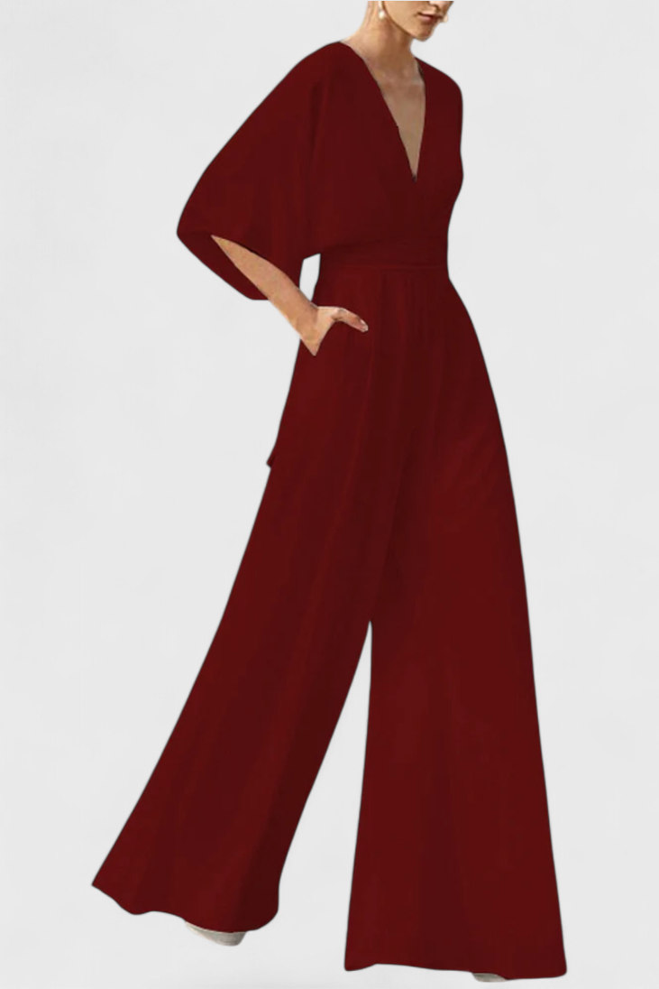 Deep V-Neck Cape Sleeve Wide Leg Jumpsuit 4
