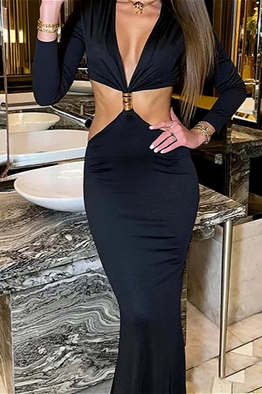 Deep V Lace Cut-Out Slim Long-Sleeve Party Dress