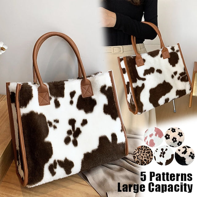 Leopard Faux Fur Leather Trim Tote Bag