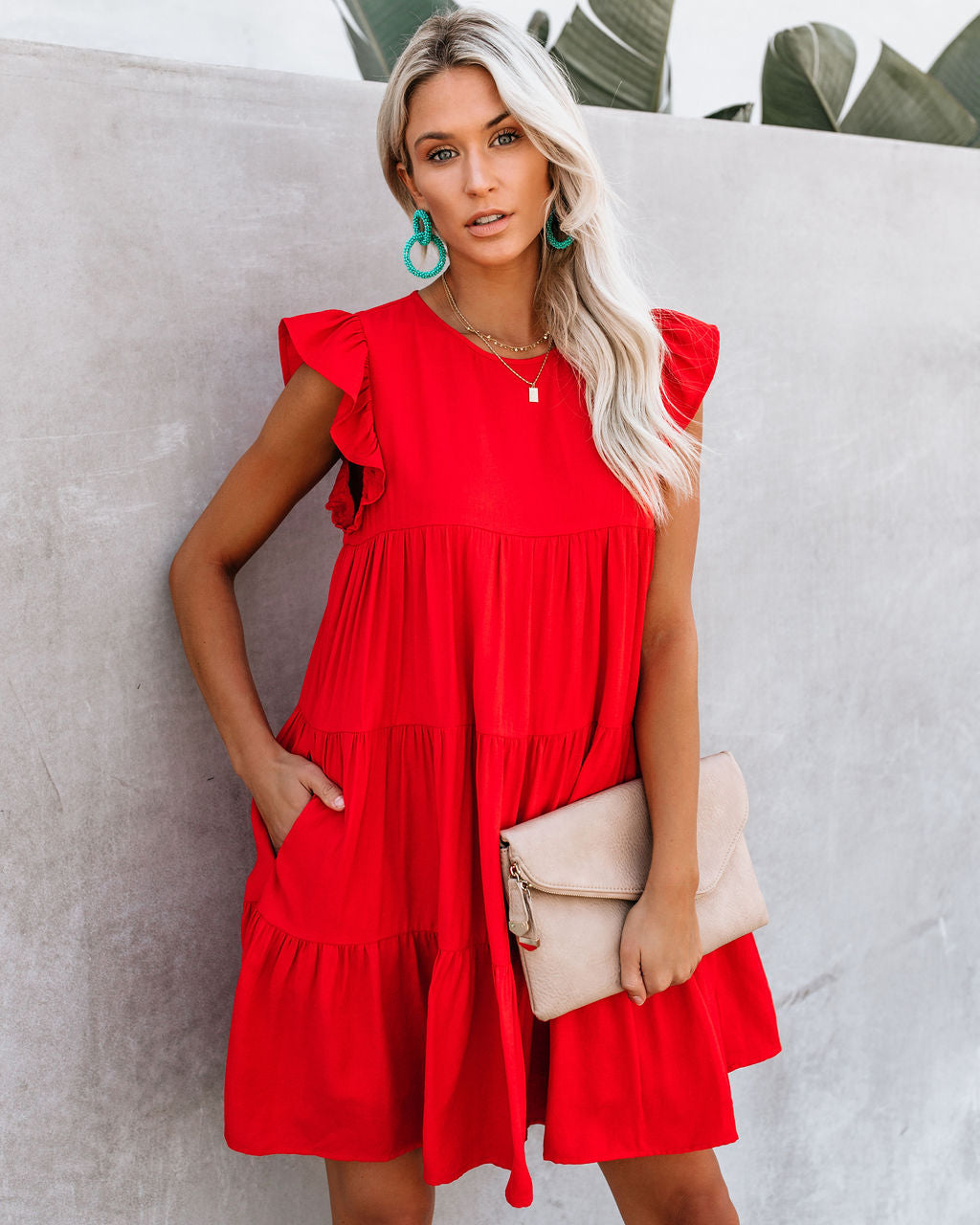East Coast Pocketed Tiered Babydoll Dress Red