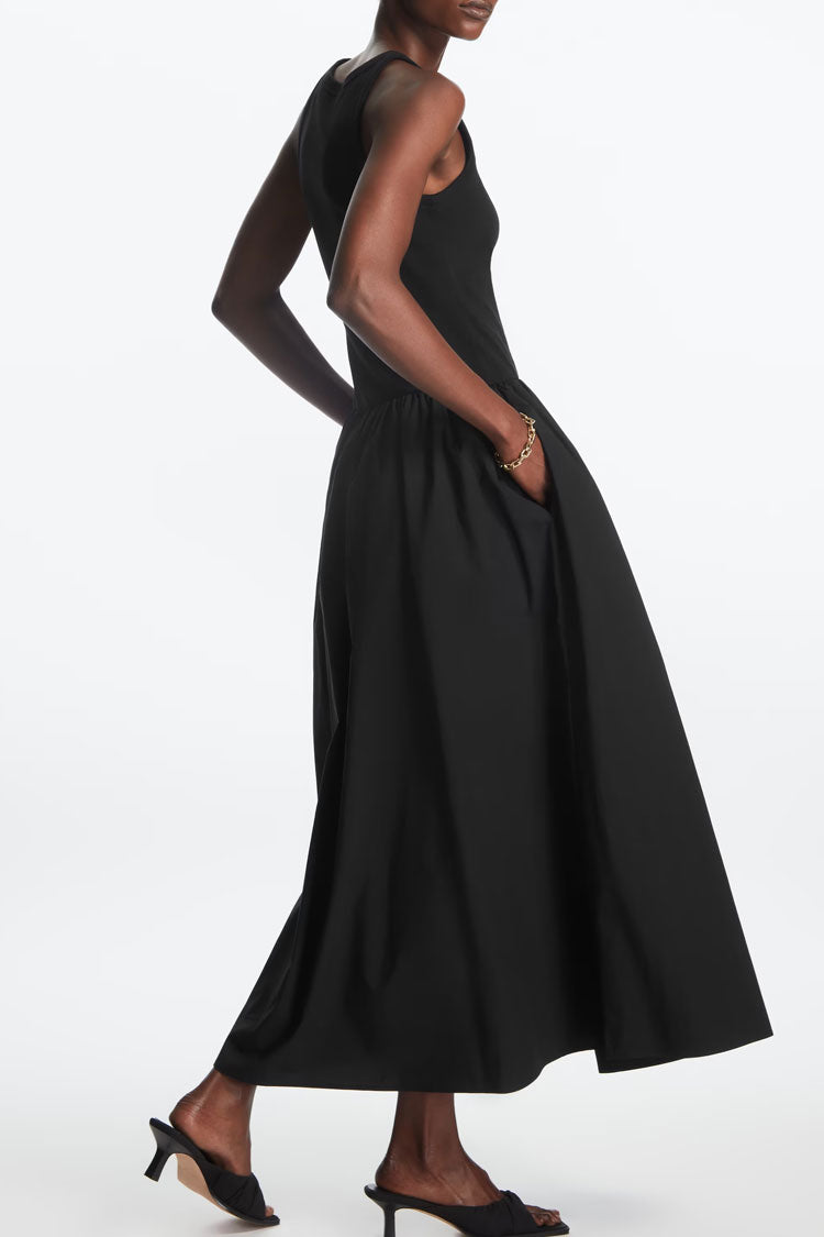 Black Crew Neck Sleeveless Drop Waist A-Line Maxi Dress