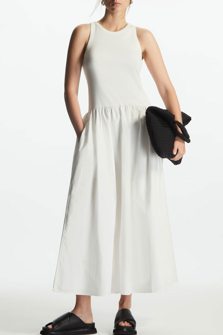 White Crew Neck Sleeveless Drop Waist A-Line Maxi Dress