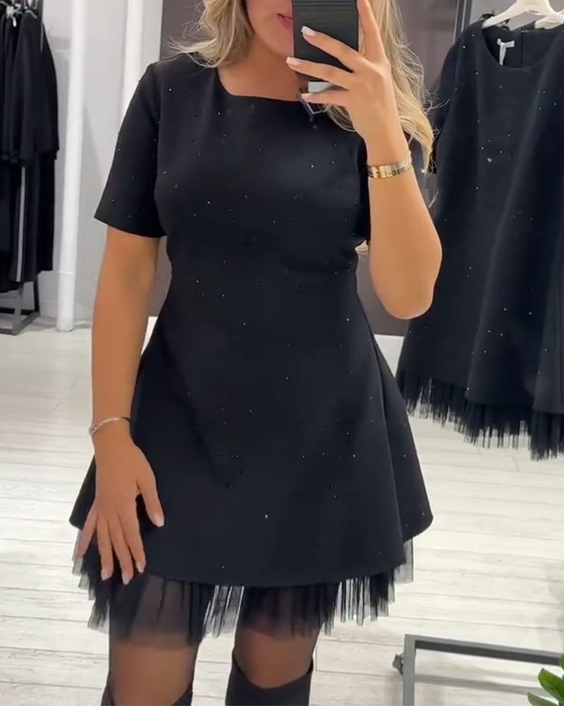 Round Neck Rhinestone Studded Short Sleeve Tulle Hem Flared Mini Dress 10