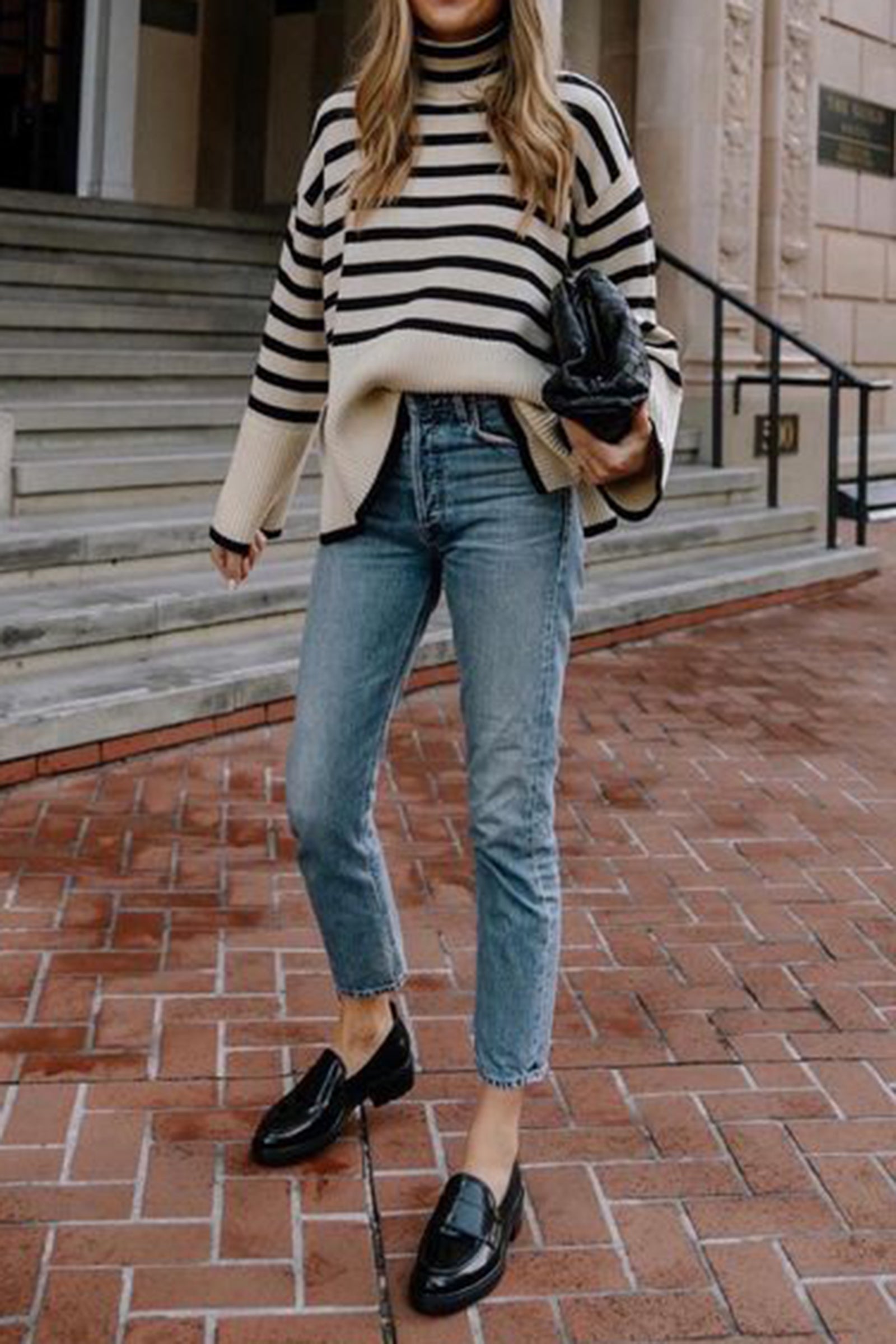 White Roll Neck Striped Ribbed Pullover Sweater