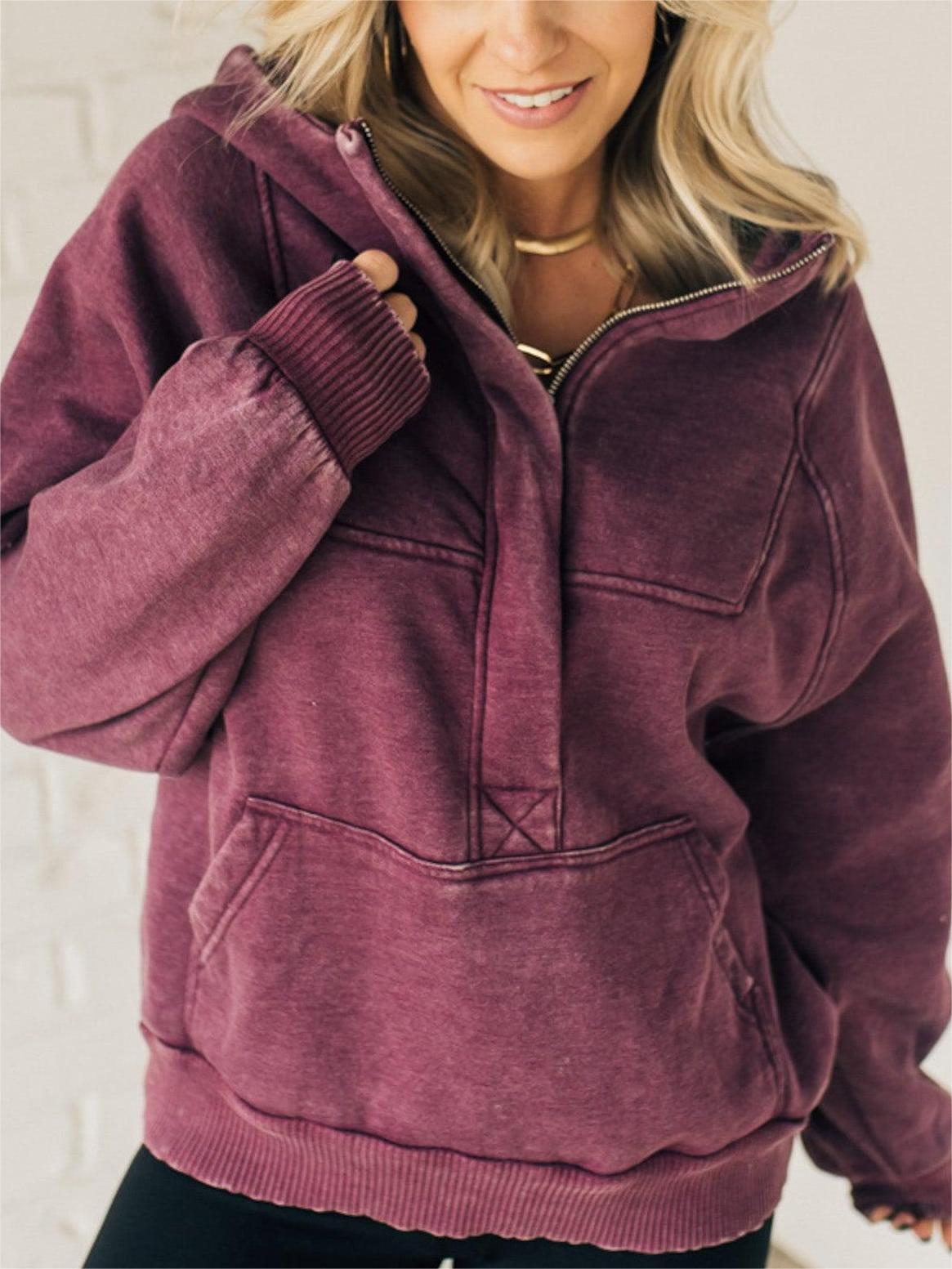 Zip Henley Acid Wash Fleece Hoodie