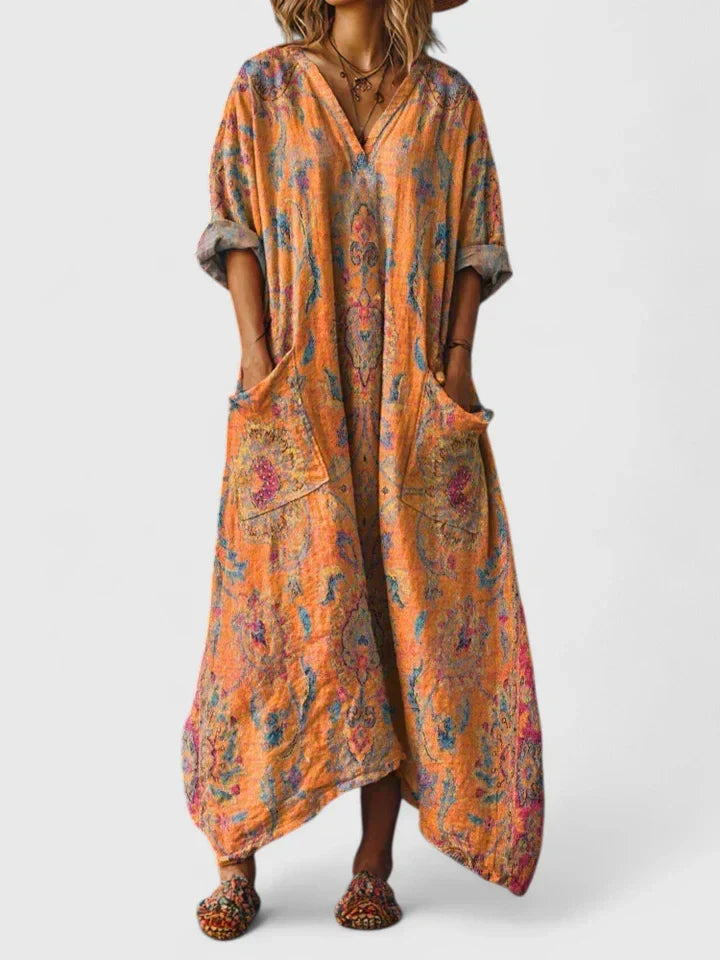 V-Neck Floral Embroidered Linen Pocket Loose Maxi Dress 3