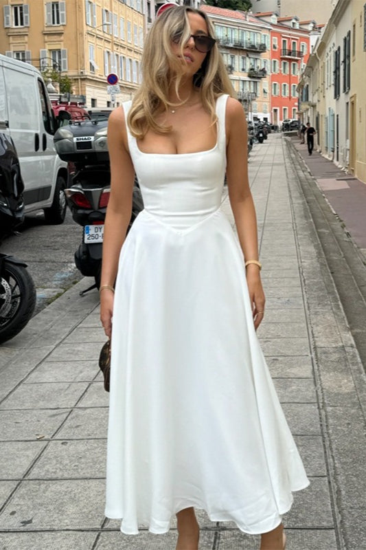 Square Neck Sleeveless Basque Waist A Line Midi Dress 3
