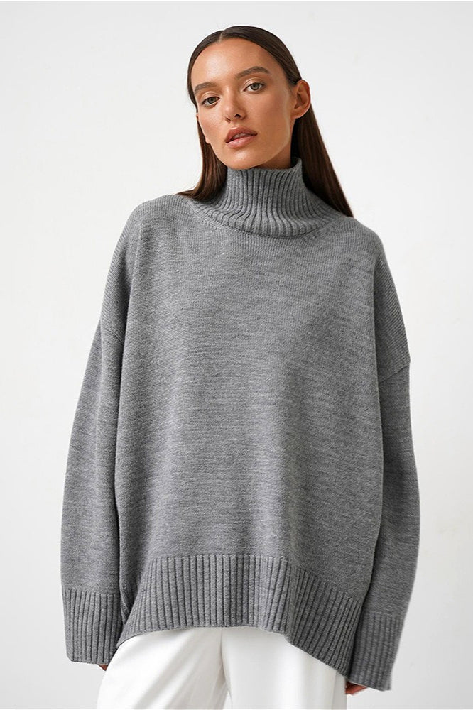 Solid High Neck Slouchy Slim-Fit Knit Sweater
