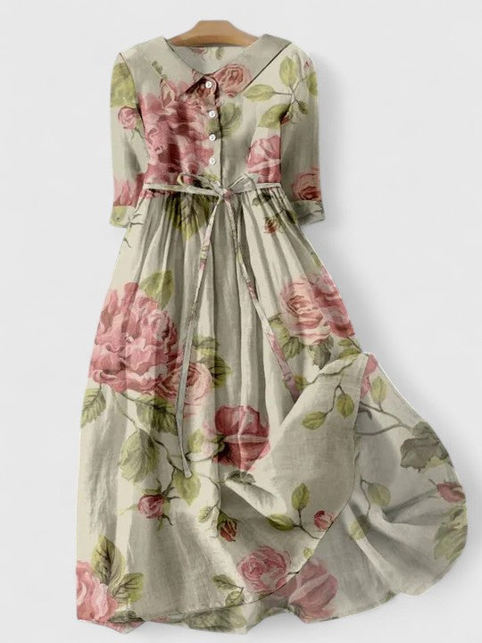 Pink Flower Collared Button Front Half Sleeve Vintage Rose Drawstring Midi Dress