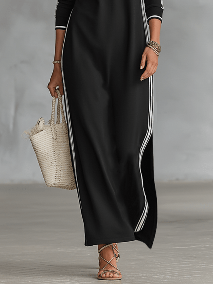 Stand Collar Button Placket Side Stripe Long Sleeve Maxi Dress