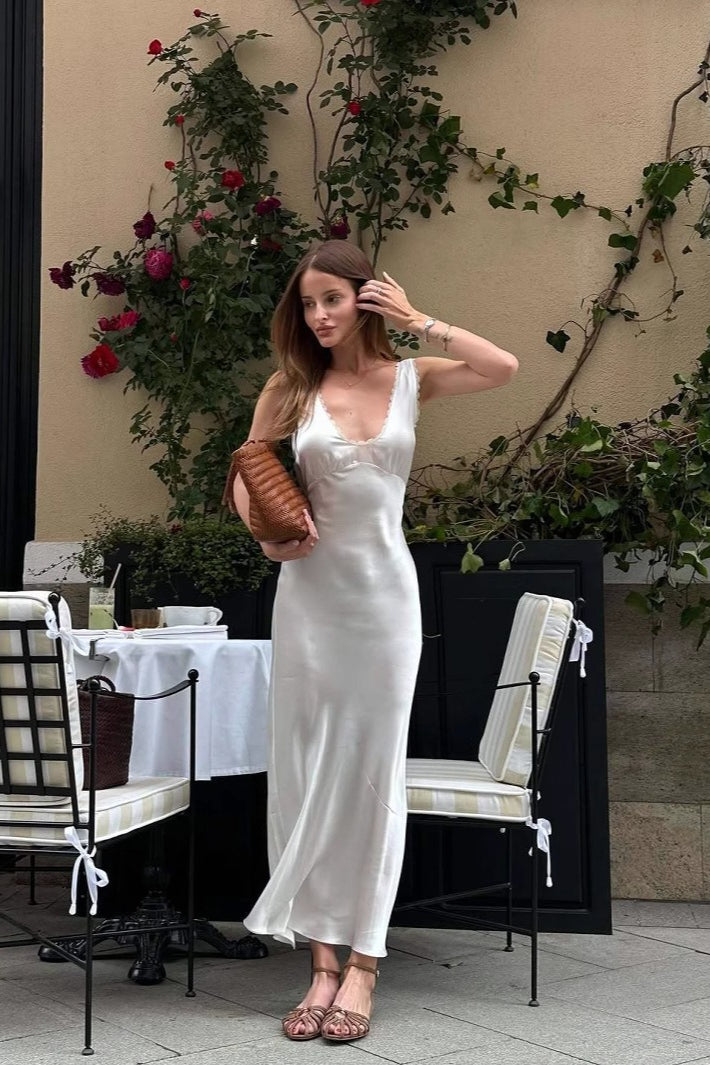 Lace Cutout White Halter VNeck Mermaid Silk Dress