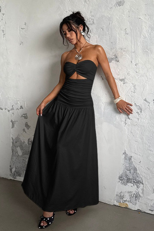 Strapless Sweetheart Neck Twist Cutout Ruched Drop Waist Maxi Dress 7