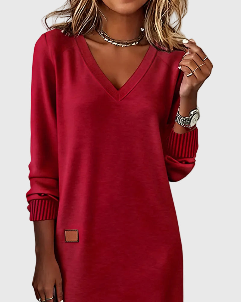V-Neck Long Sleeve Ribbed Cuff Sweatshirt Shift Mini Dress