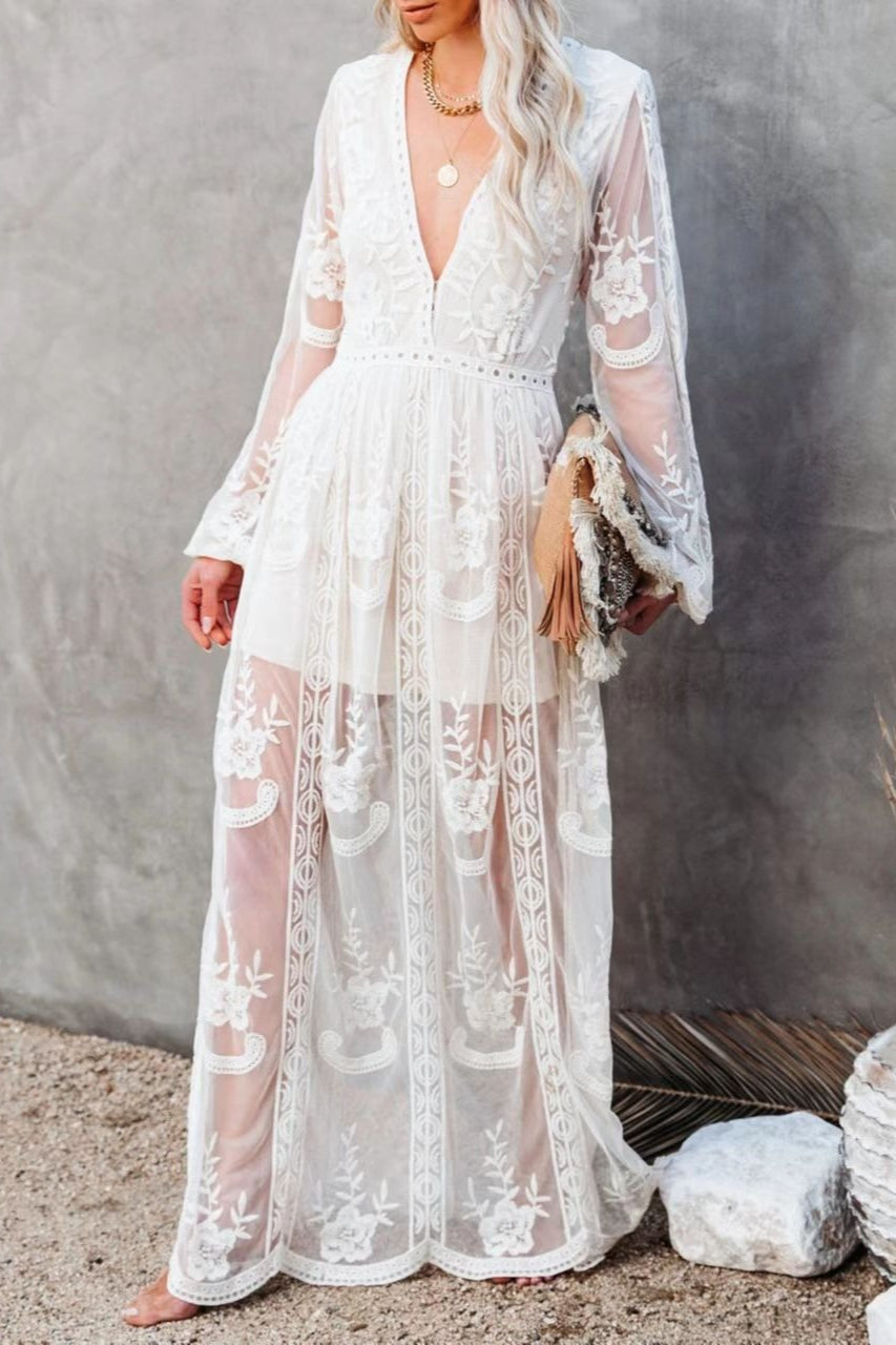 Deep V Neck Long Sleeve Floral Embroidered Mesh High Slit Maxi Dress 4