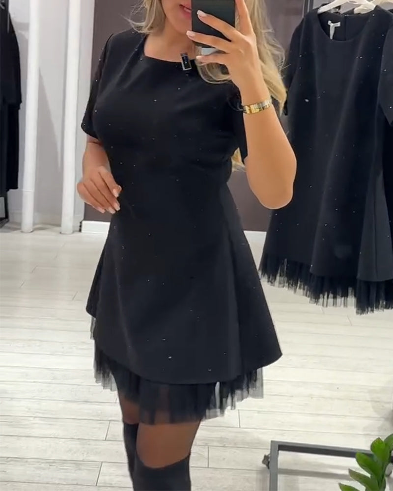 Round Neck Rhinestone Studded Short Sleeve Tulle Hem Flared Mini Dress 9