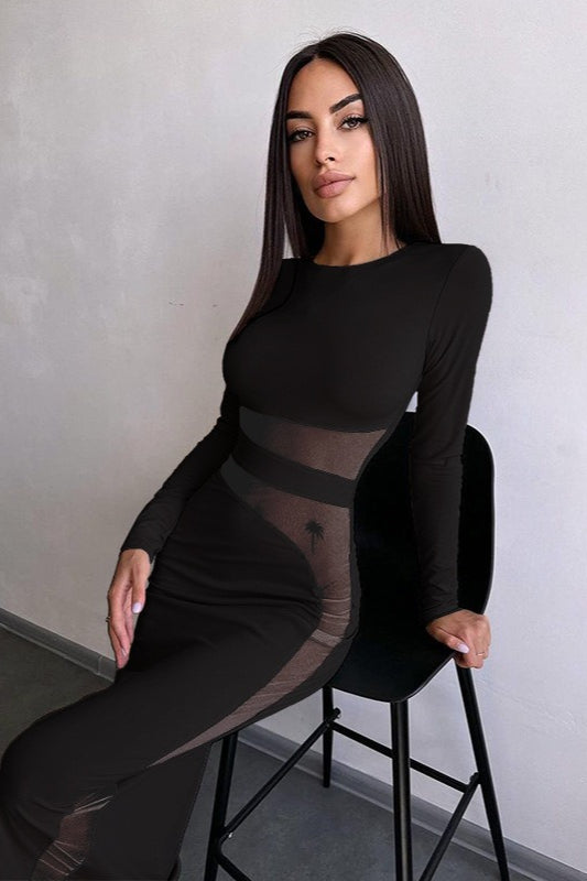 Mesh Panel Long Sleeve Maxi Dress