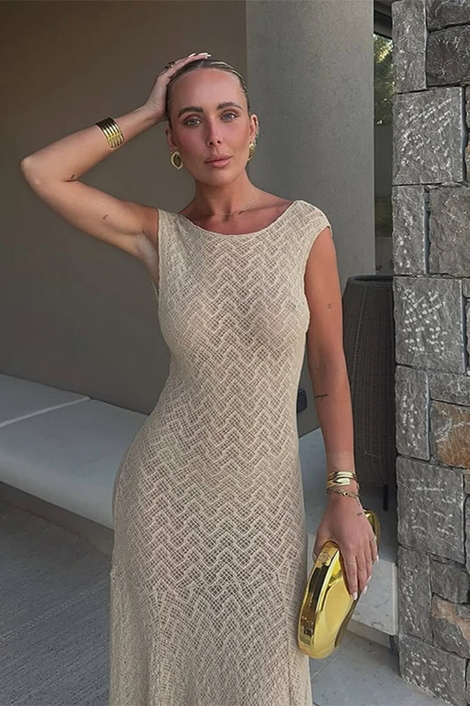 Sexy O Neck See Through Fit and Flare Maxi Dress