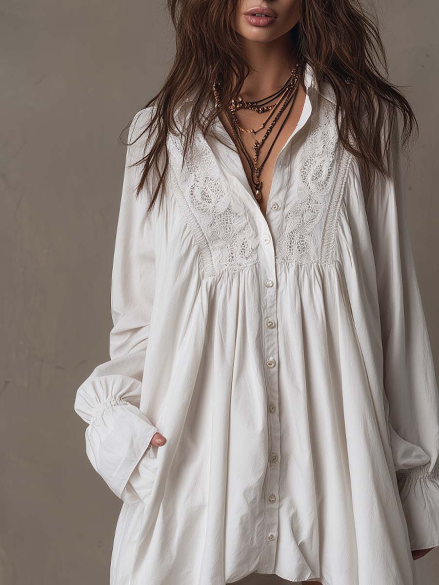 White Collared Lace Trim Button Front Long Sleeve Oversized Shirt Mini Dress 6
