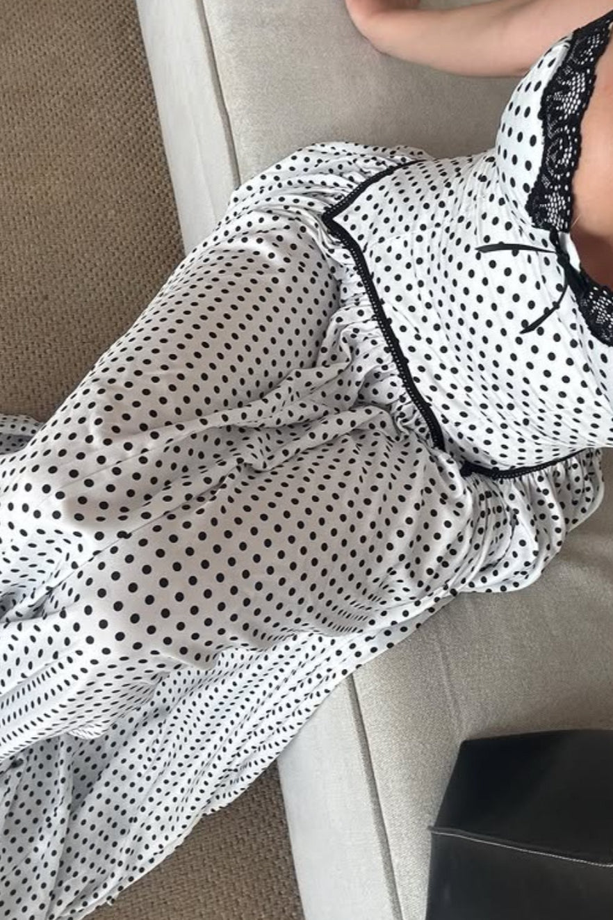 White Polka Dot Bow Detail Asymmetrical Maxi Dress 3