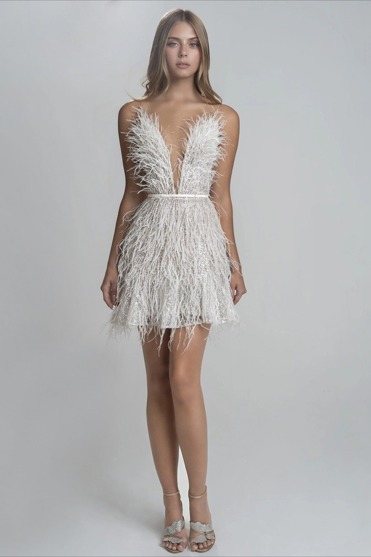 Backless Plunge Feathered Party Slip Dress