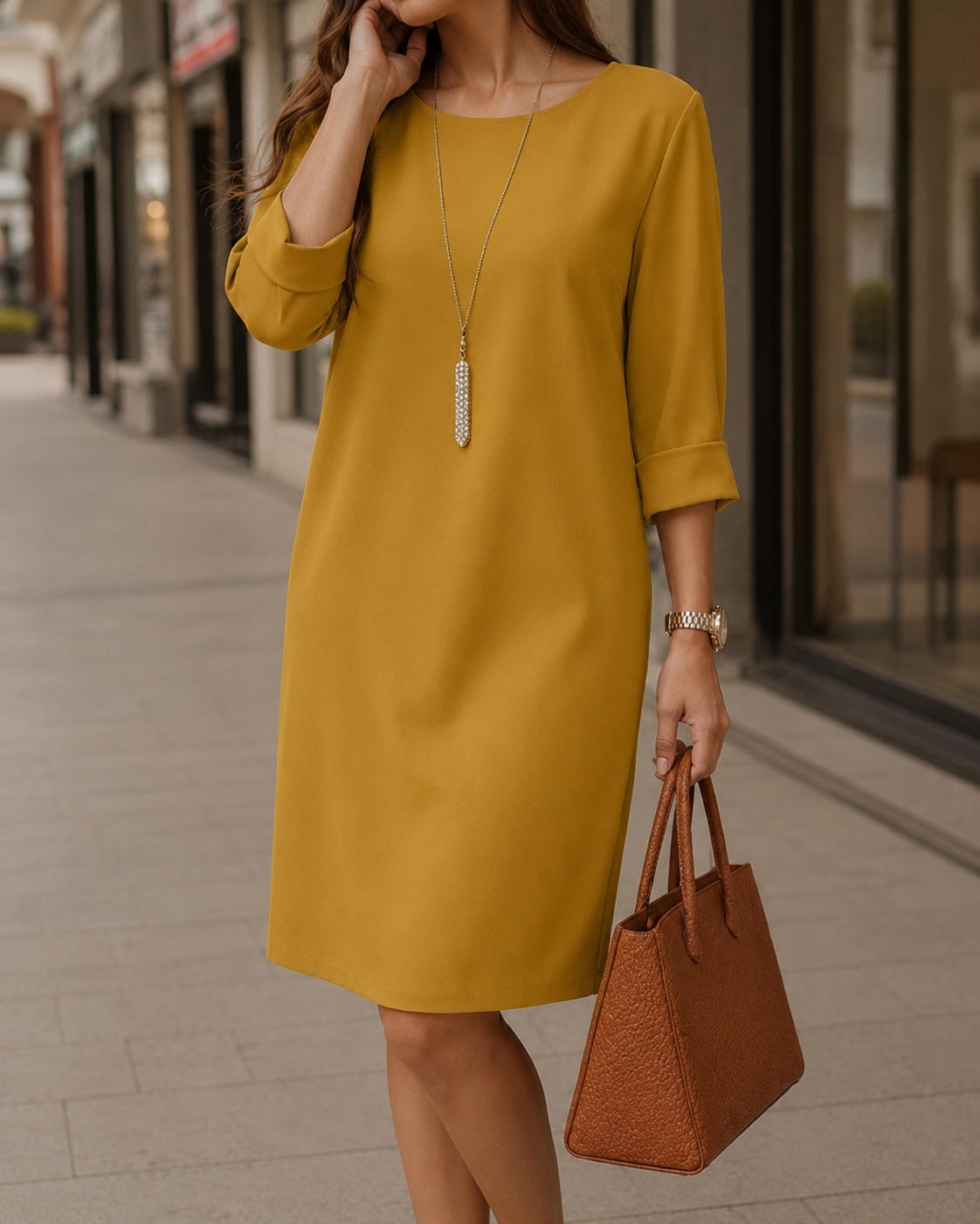 Round Neck Roll-Tab Sleeve Pocket Shift Midi Dress 8