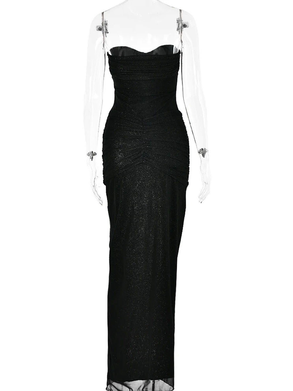 Glitter Mesh Strapless Sweetheart Twist Front Ruched Knot Maxi Dress 5