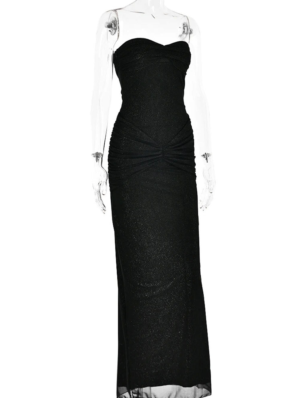 Glitter Mesh Strapless Sweetheart Twist Front Ruched Knot Maxi Dress 4