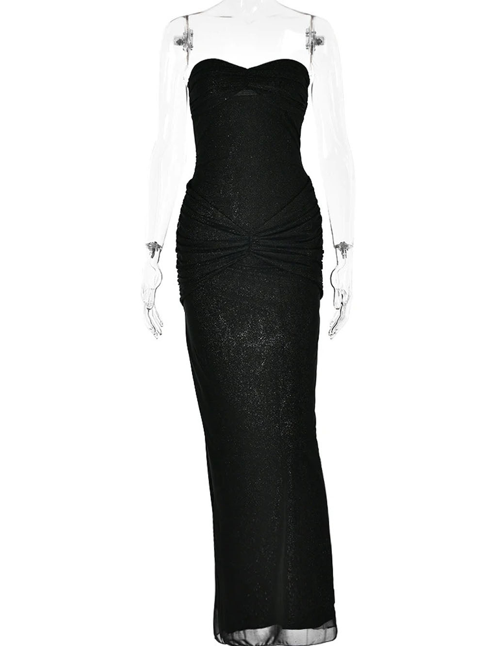 Glitter Mesh Strapless Sweetheart Twist Front Ruched Knot Maxi Dress 3