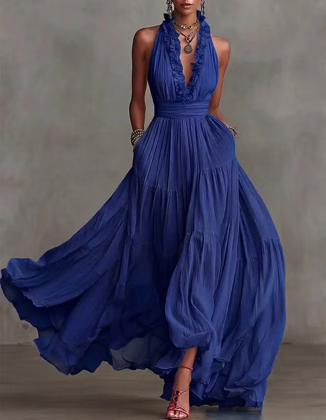 Halter Deep V-Neck Ruffle Trim Tiered Chiffon Maxi Dress 3