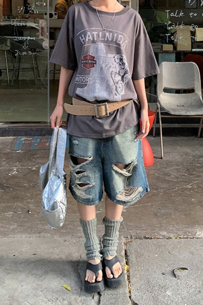 Distressed Frayed Hem Mid Length Denim Shorts