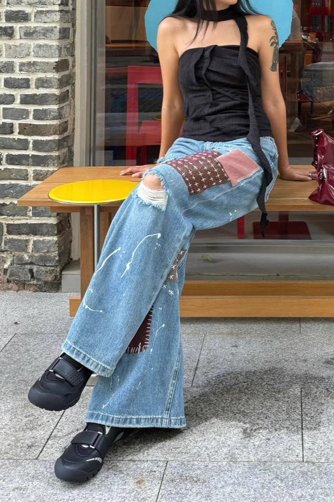 Retro Ripped Patchwork Paint-Splattered Maxi Jeans