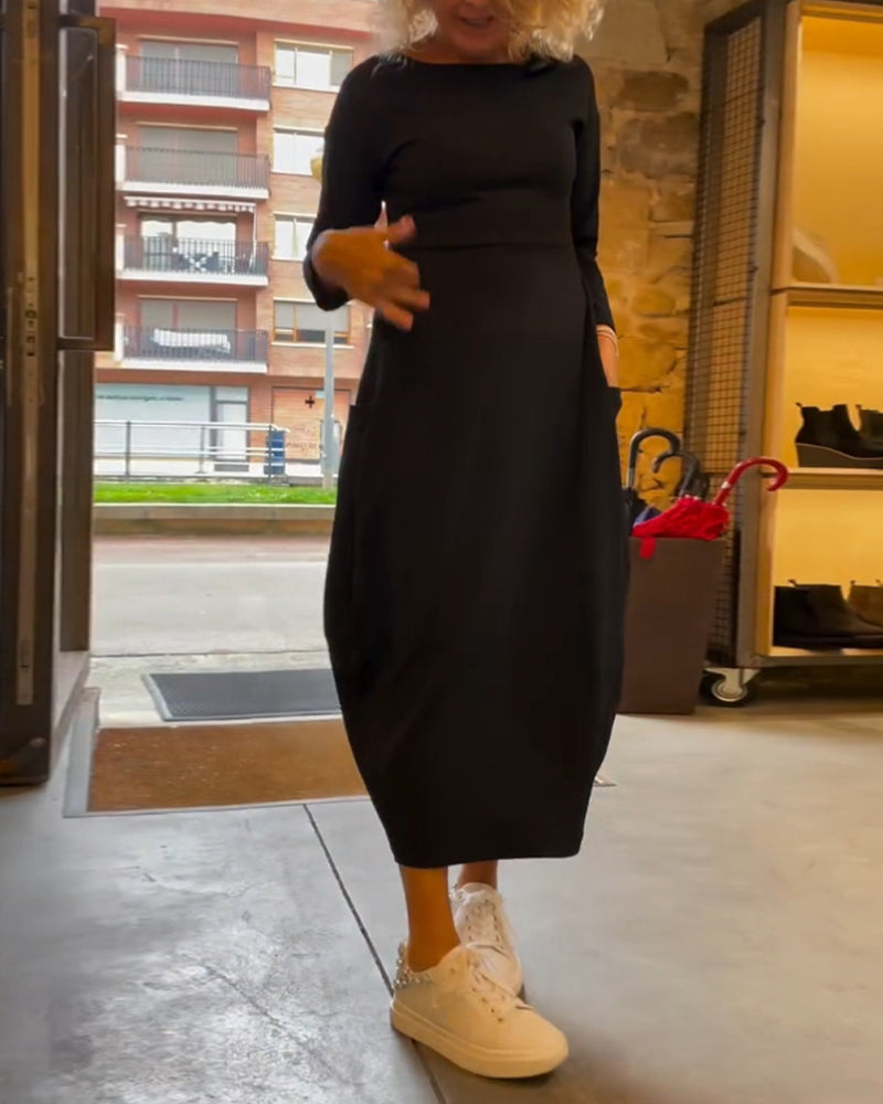Round Neck Long Sleeve Pocket Cocoon Midi Dress