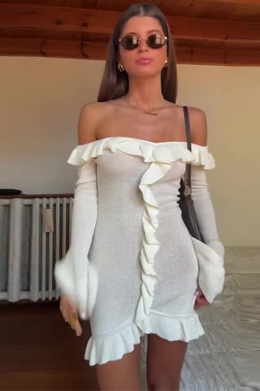 Ruffled OffShoulder Chic Bodycon Mini Sweater Dress