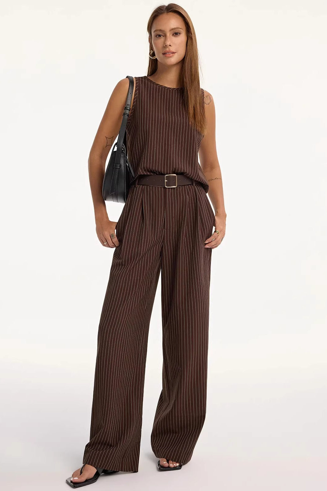Stripe Crew Sleeveless High Waist Wide Leg Work Set