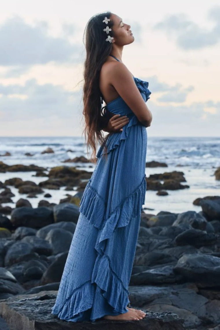 Halter Back Tie Tiered Ruffle Maxi Skirt Two Piece Set 16