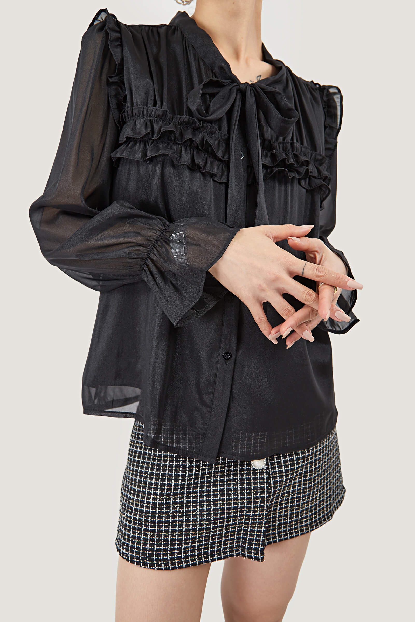 Tie-Neck Ruffle Pleated Blouse