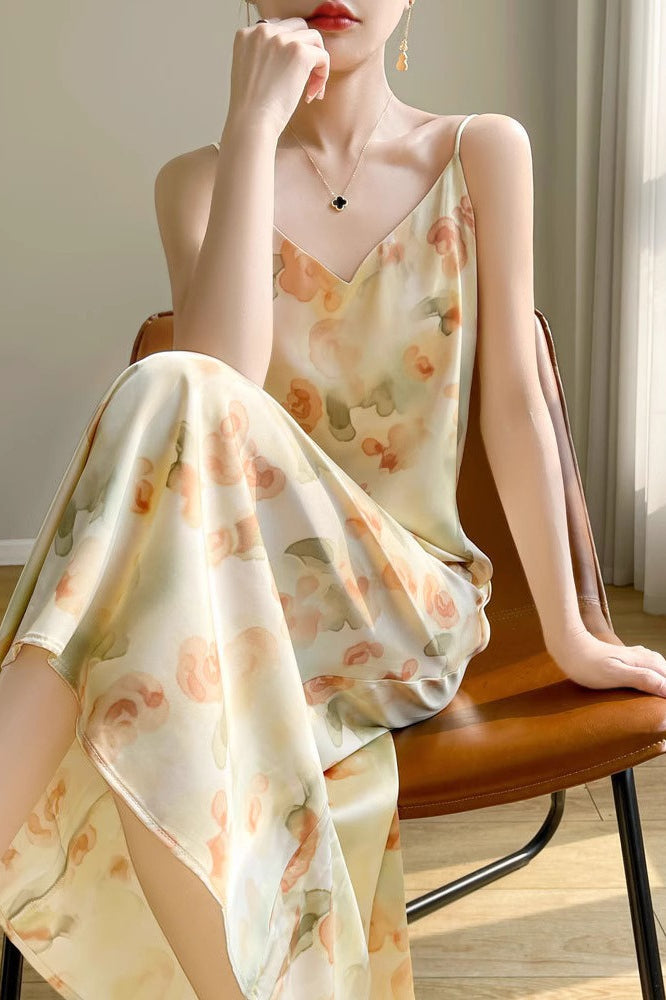Printed VNeck Satin Cami Maxi Silk Dress