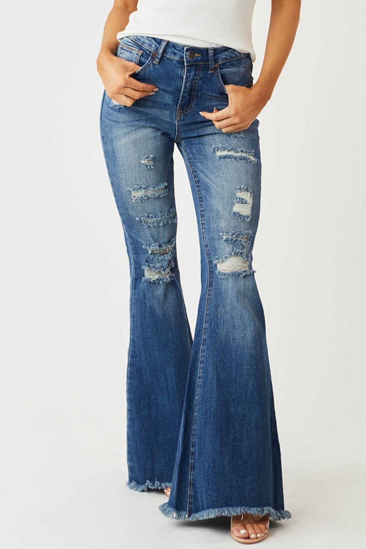 Slim Stretch Mid Waist Distressed Fringe Vintage Flare Jeans