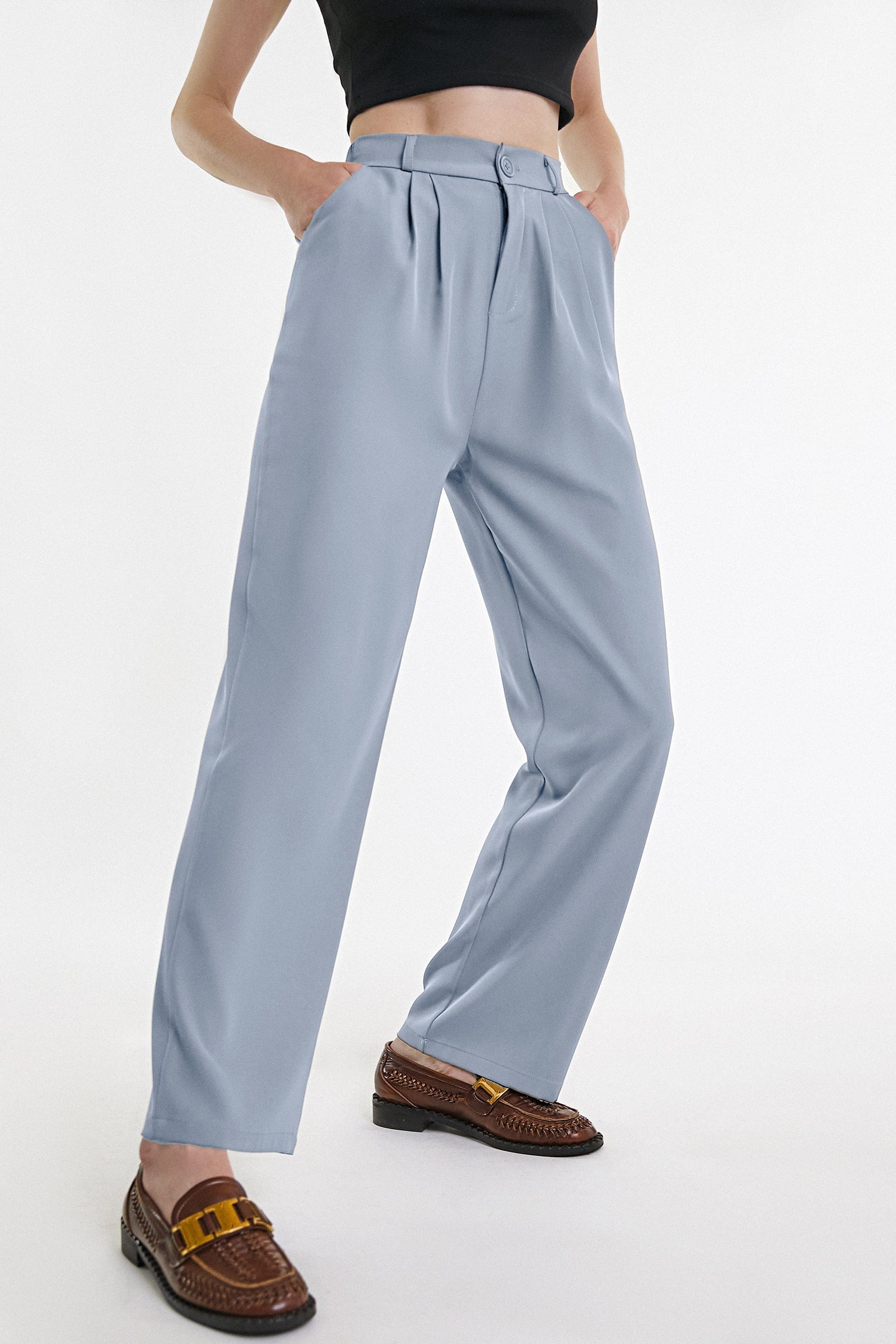 Light Steel Blue Half Elastic Pleat Detail Wide Leg Suit Pants