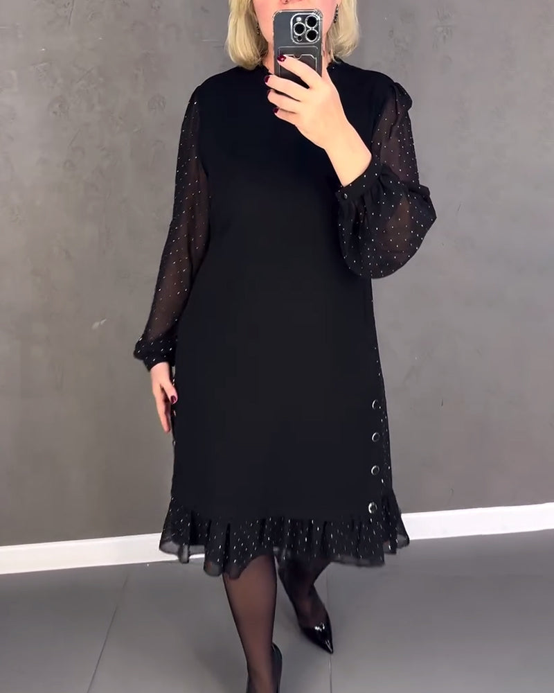 Round Neck Dot Mesh Sleeve Ruffle Hem Shift Midi Dress 9