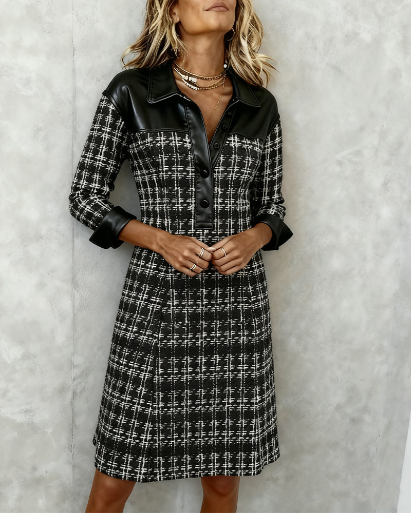 Collared Faux Leather Trim Tweed Plaid Long Sleeve Sheath Midi Dress 2