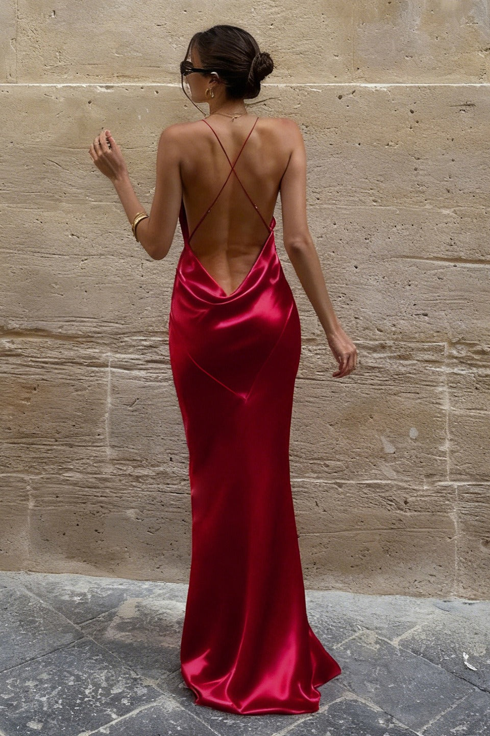 Satin Cowl Neck Backless Mermaid Evening Slip Dress
