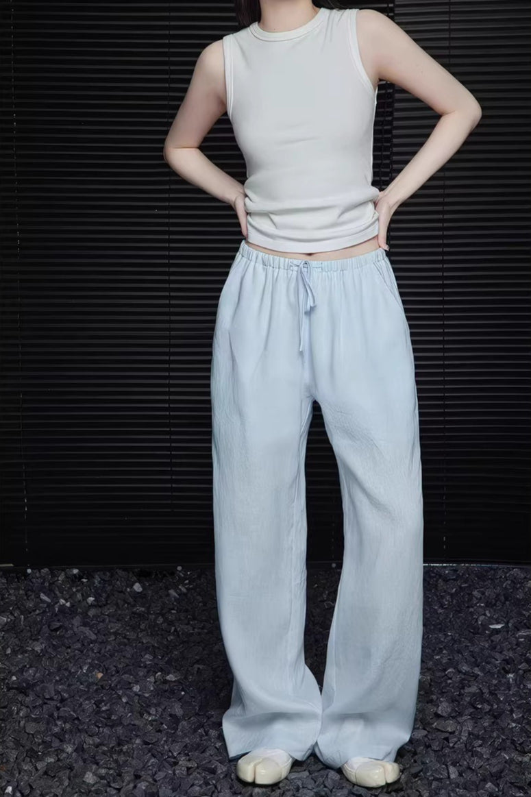 Blue Linen Relaxed High Waist Straight Pants