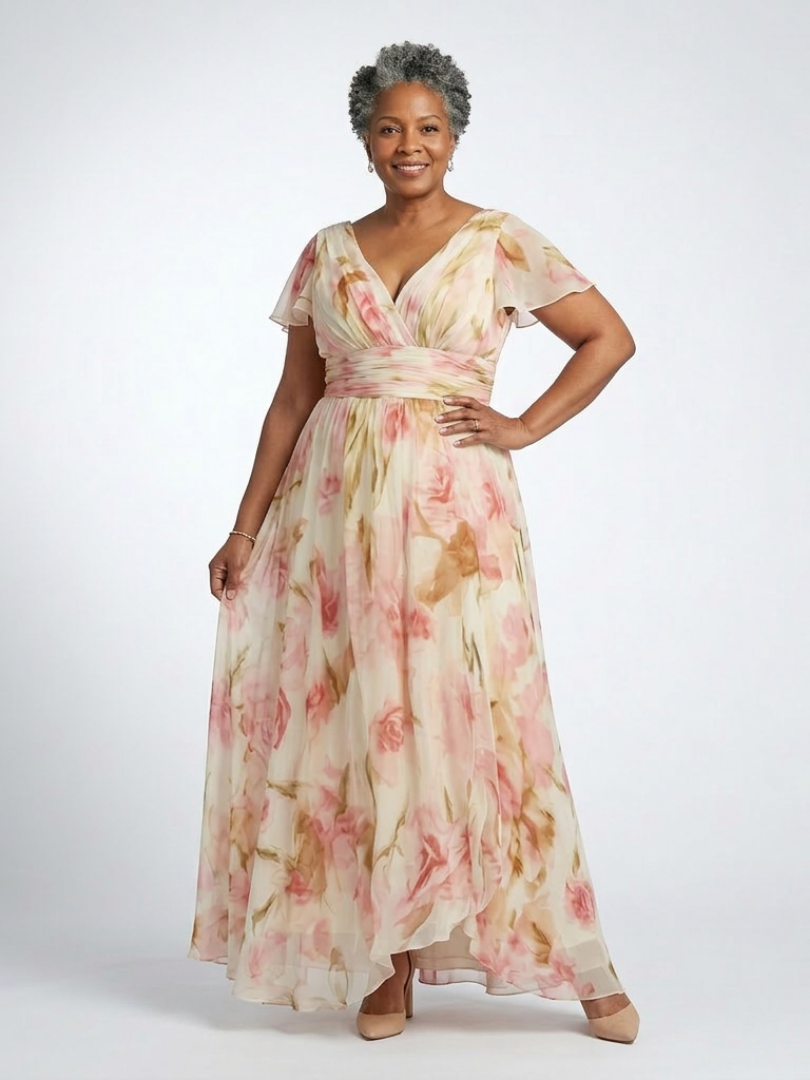 Pink V-Neck Floral Flutter Sleeve Ruched Waist Chiffon Maxi Dress